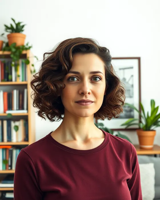 Arkasında kitaplık, bitkiler ve çerçeve olan kadın.