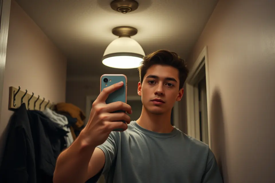 Loş bir koridorda tavan lambasının altında telefonu aşağıdan tutup selfie çeken genç.